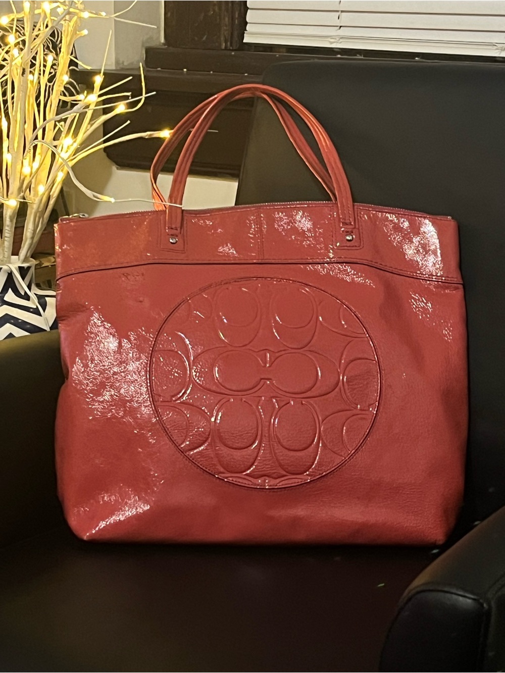 Coach Red Patent Leather Tote with Signature Logo